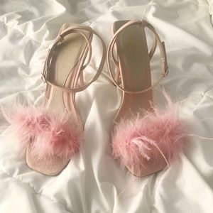 pink marabou feather heels (never worn!!)